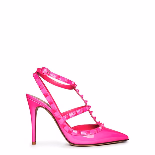 Valentino Garavani Rockstud stiletto in glossy fuchsia with signature pyramid stud straps