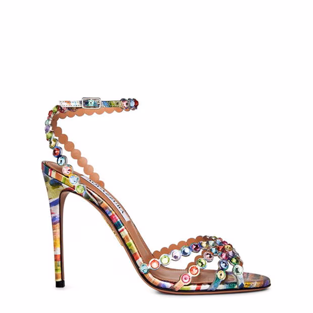 Aquazzura Tequila Sandals in multicoloured crystal design with ankle strap and high stiletto heel