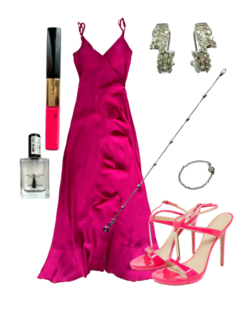 Flat lay of fuchsia wrap dress with matching stilettos, jewellery, lipstick, and nail polish for a powerful feminine look