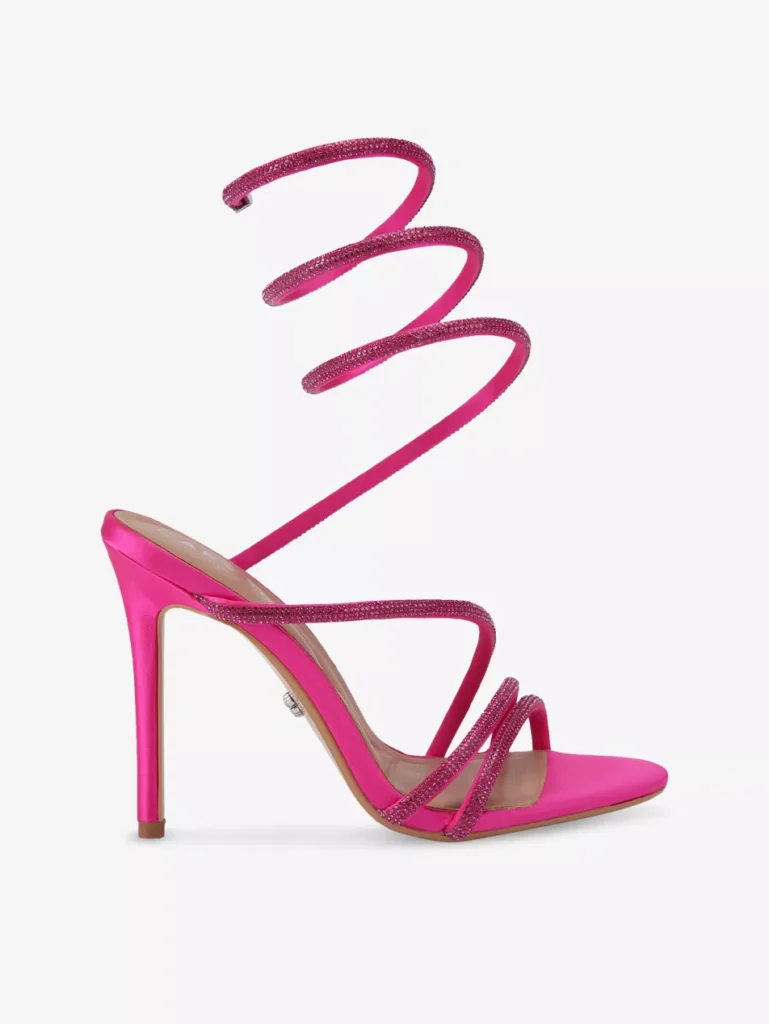 Carvela fuchsia high heels with spiral rhinestone ankle strap and triple front bands