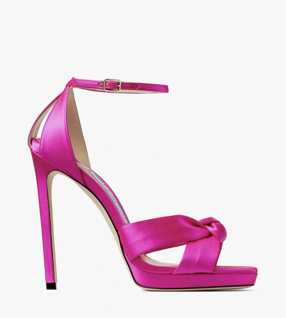 Jimmy Choo Rosie 120 heels in bold fuchsia satin with knot front and ankle strap