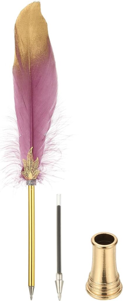 Pink and gold feather pen set with gold holder and refill — elegant writing tool with decorative flourish for rituals or journaling.