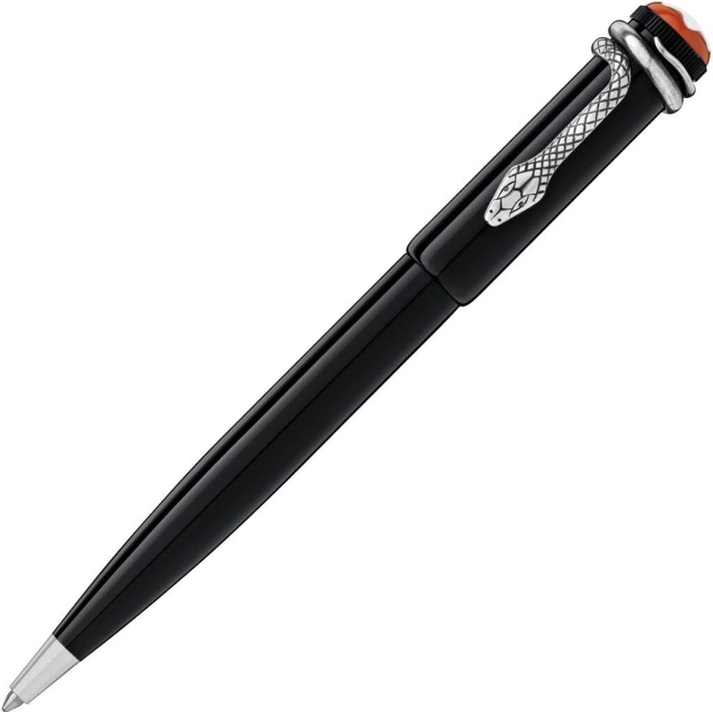 Luxury black ballpoint pen with silver snake clip and orange gemstone top — elegant high-end pen for powerful self-expression.