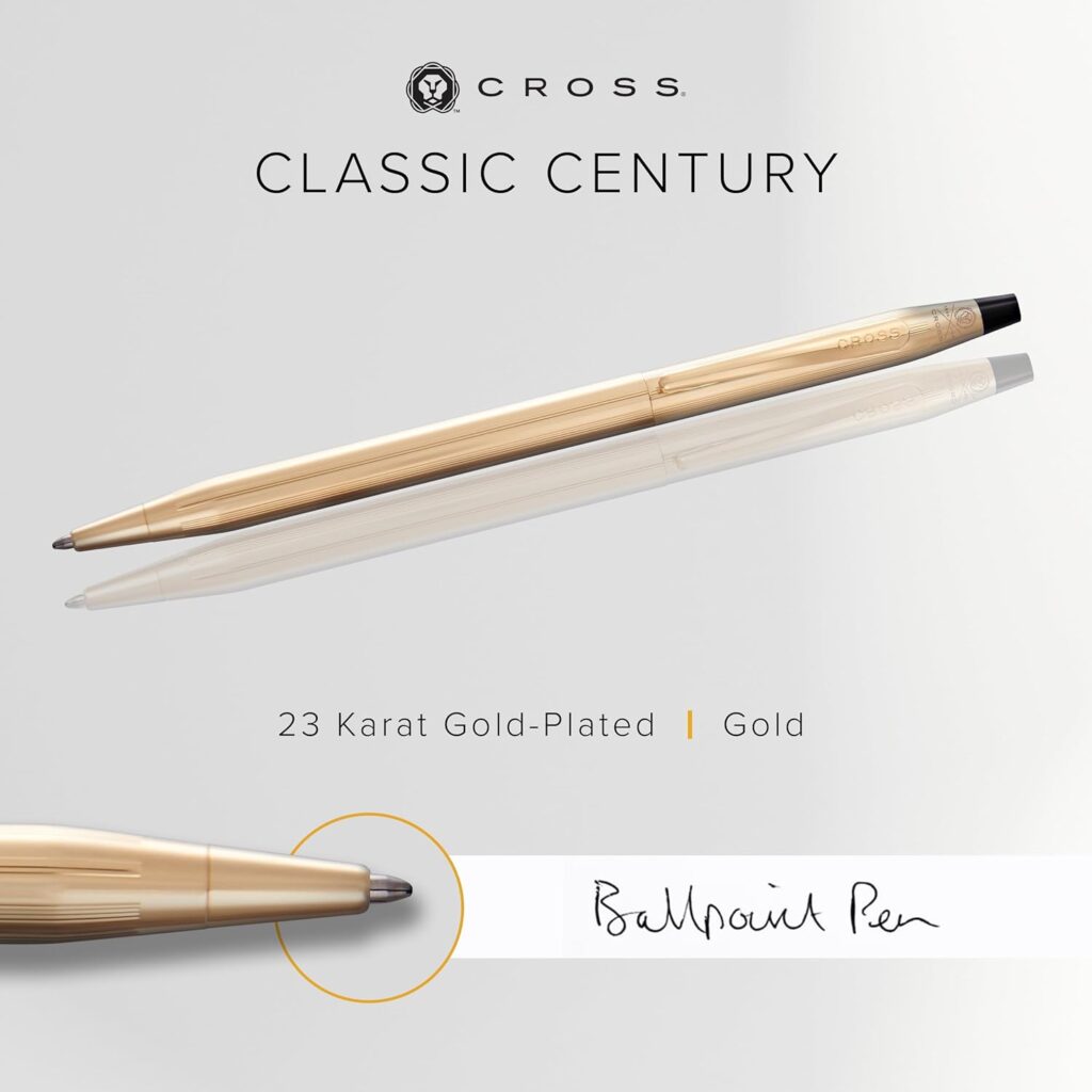 Cross Classic Century gold ballpoint pen — 23-karat gold-plated luxury writing instrument shown in sleek packaging.