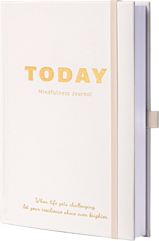 White Today Mindfulness Journal with gold lettering and elastic strap, designed for daily reflection and resilience-building.