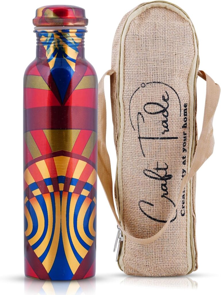 Hand-painted copper water bottle with geometric design and natural jute carry pouch by Craft Trade.