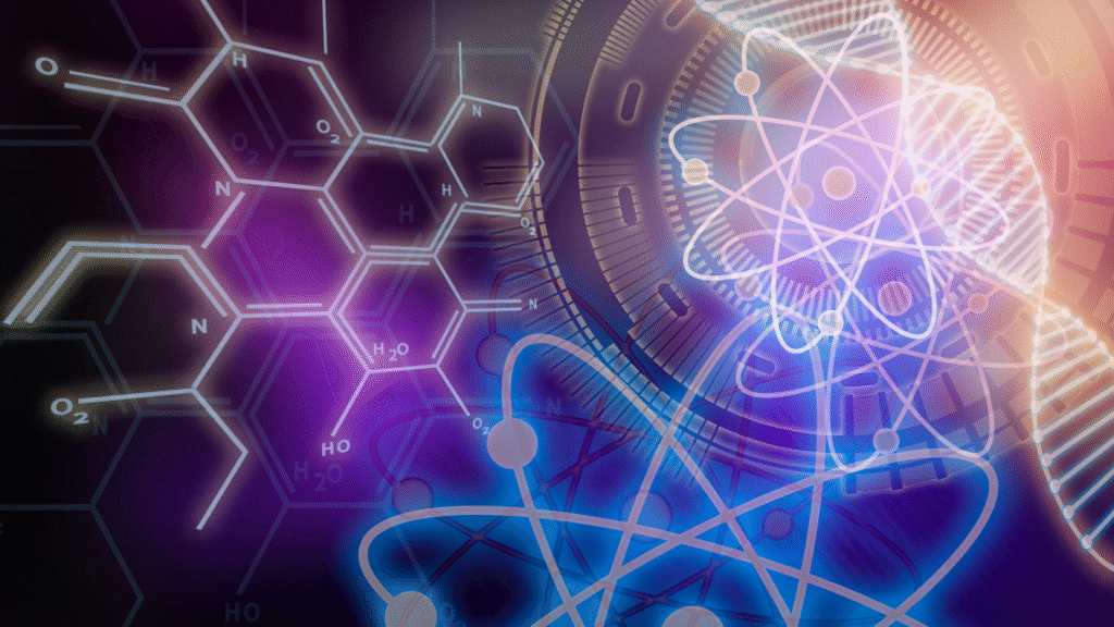 Abstract molecular structure and energy field concept with atoms, hexagons, and light waves in purple and blue.