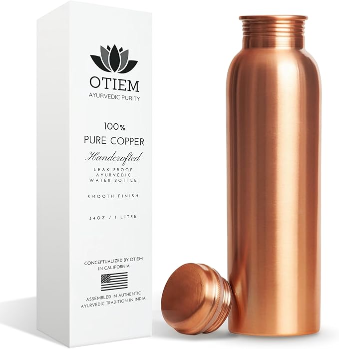Otiem handcrafted smooth pure copper water flask with leakproof cap and Ayurvedic packaging.