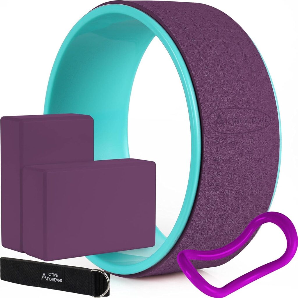ACTIVE FOREVER 5-in-1 yoga set featuring a turquoise and purple yoga wheel, two yoga blocks, resistance band, and grip clip.