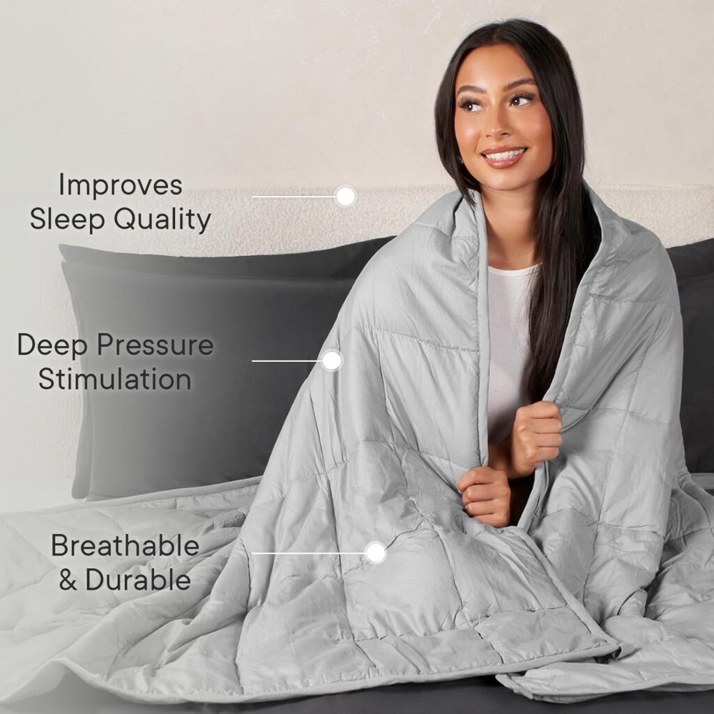 Woman wrapped in a Brentfords weighted blanket promoting deep pressure stimulation and improved sleep quality