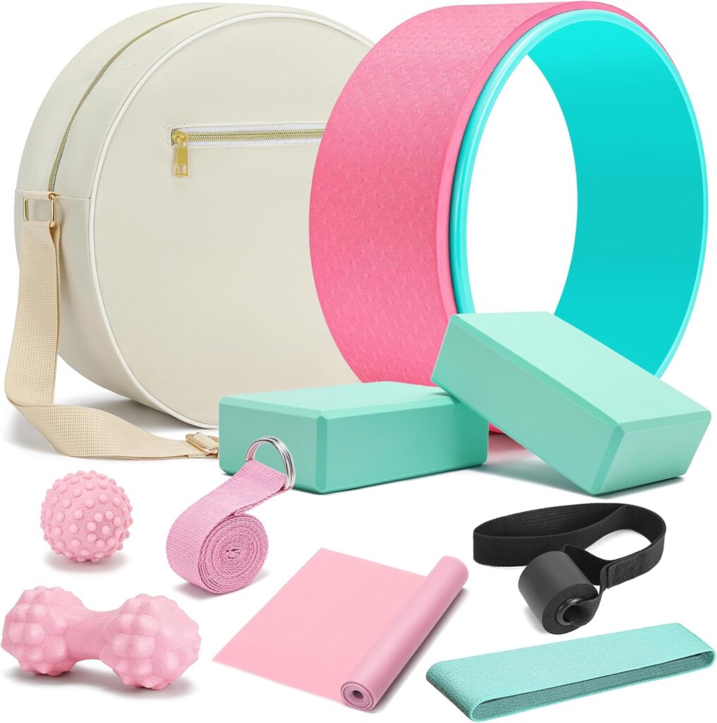 Complete HNCTINNO yoga wheel set in pastel pink and turquoise with yoga blocks, strap, resistance band, massage balls, and carry bag.