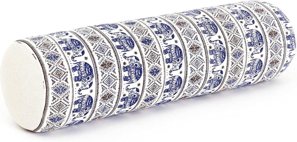 Rolled Leewadee large yoga bolster with traditional blue and white Thai print, stacked neatly
