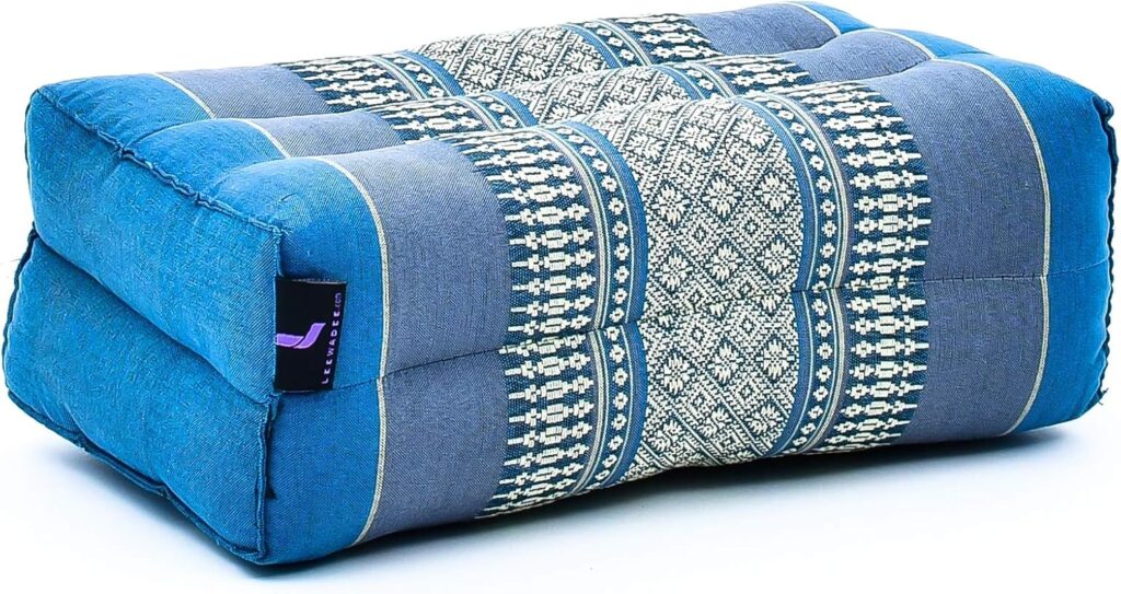 Traditional Thai Leewadee floor yoga cushion in blue cotton with intricate woven patterns
