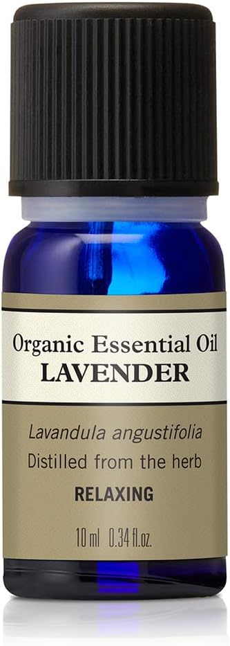 Blue glass bottle labeled Organic Essential Oil Lavender – Lavandula angustifolia.