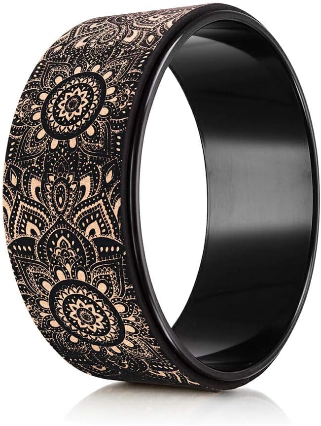 Black Yoga Design Lab yoga wheel with gold mandala pattern for stylish back support, spine alignment, and deep stretching.