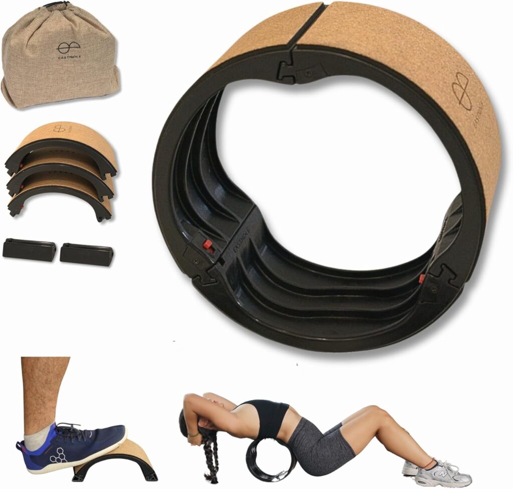 Yoback 3-piece back stretcher wheel set in black and cork, with support pad and user demonstrating lower back and leg stretches.
