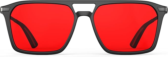 Close-up of Goiteia red-lens blue light blocking glasses with a matte black frame.