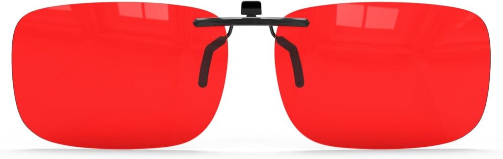 Goiteia red clip-on blue light blocking lenses mounted on a black centre clip, designed to attach to regular eyeglasses.