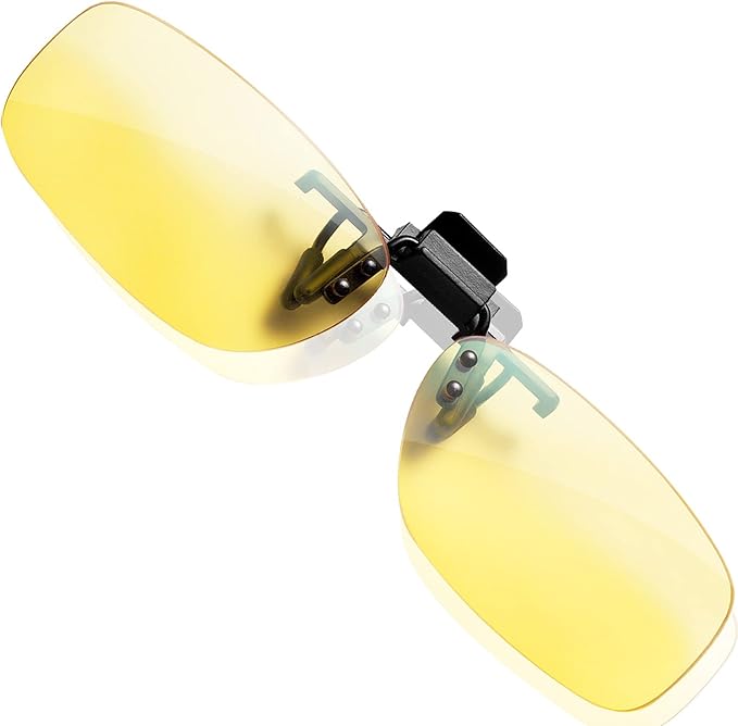 Yellow-lens KLIM clip-on blue light blocking glasses with centre clip hinge for easy attachment to standard frames.