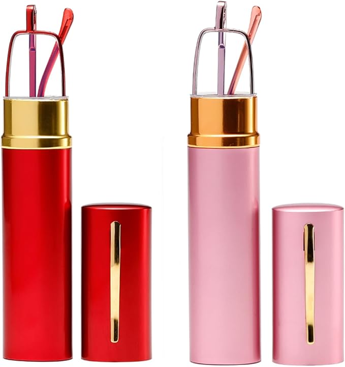 OWTXIS compact lipstick-style blue light blocking glasses in red, pink, and rose gold cases with a retractable temple design.