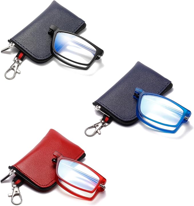 OWTXIS folding reading glasses in compact keychain pouches, shown in red, navy, and black with colour-matching frames.