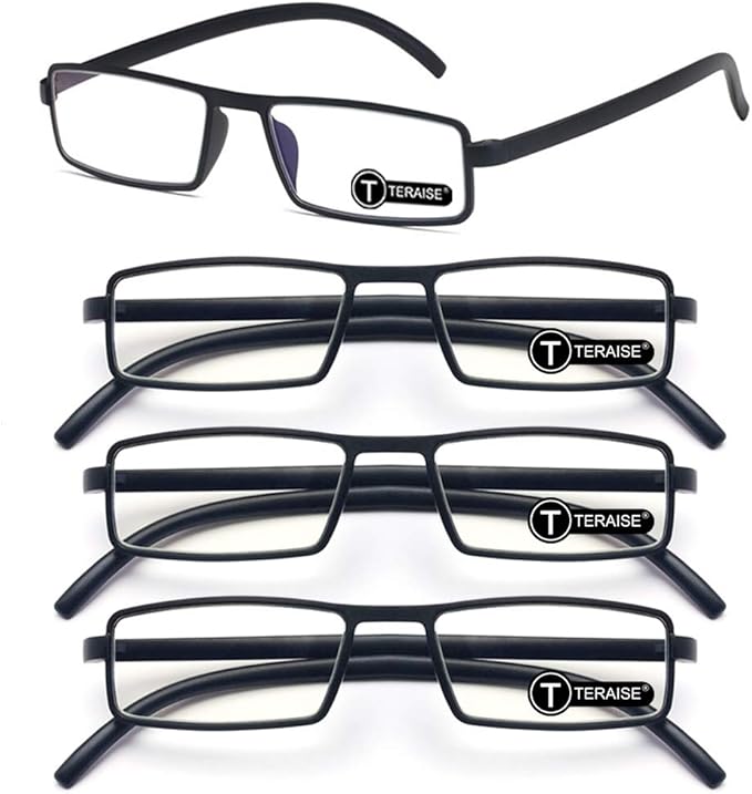 Set of four black rectangular TERAiSE blue light blocking glasses arranged in a vertical stack.