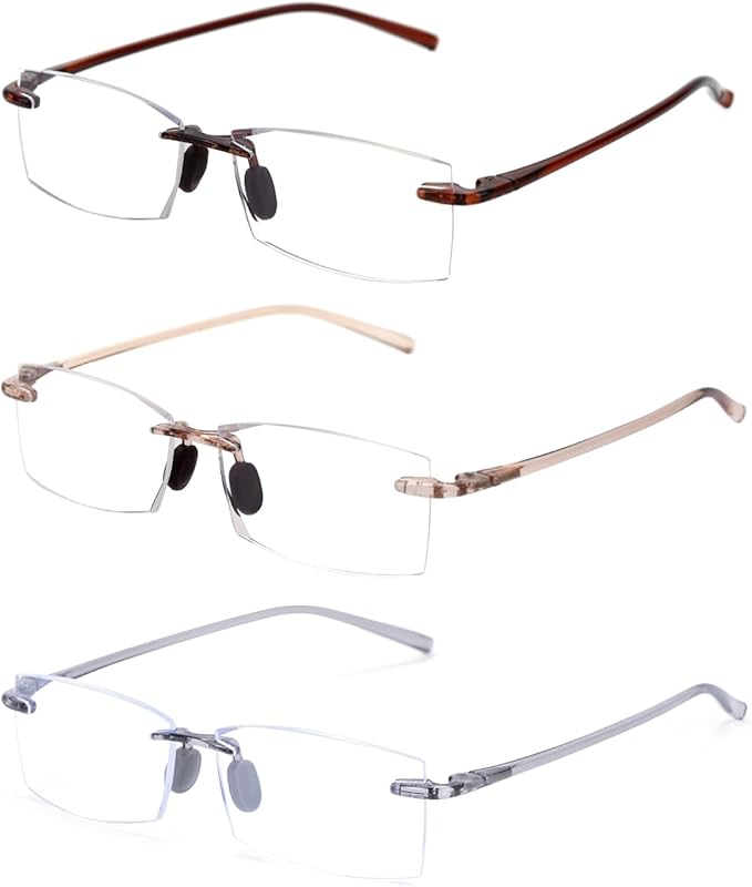 Set of three rimless TERAiSE reading glasses in silver, bronze, and black, displayed diagonally.