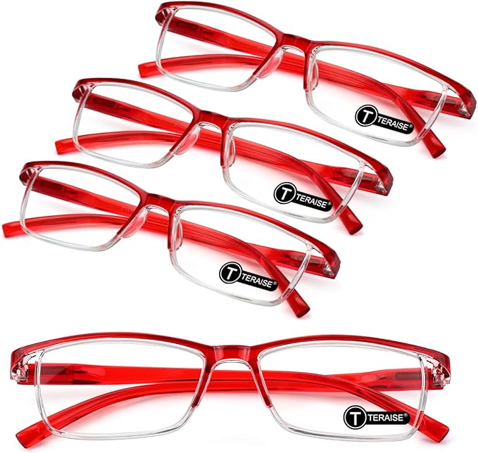 Set of four red TERAiSE anti-blue light reading glasses