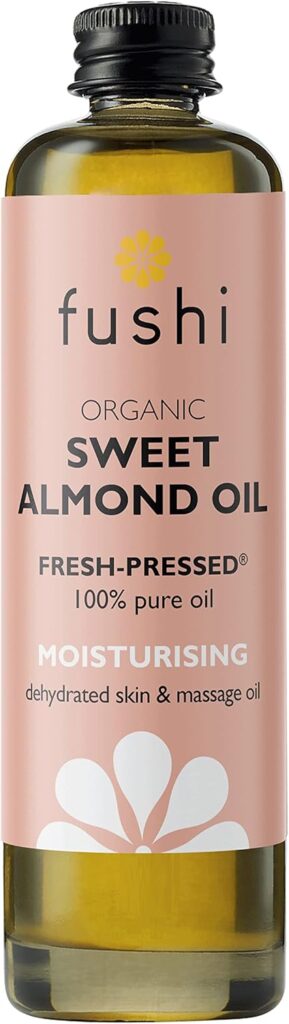 Fushi Organic Sweet Almond Oil bottle for moisturising skin and massage.