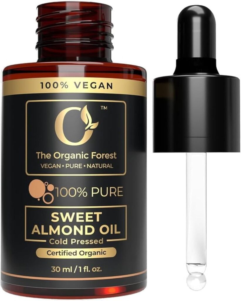 The Organic Forest Sweet Almond Oil with glass dropper, vegan and cold-pressed for natural skincare.