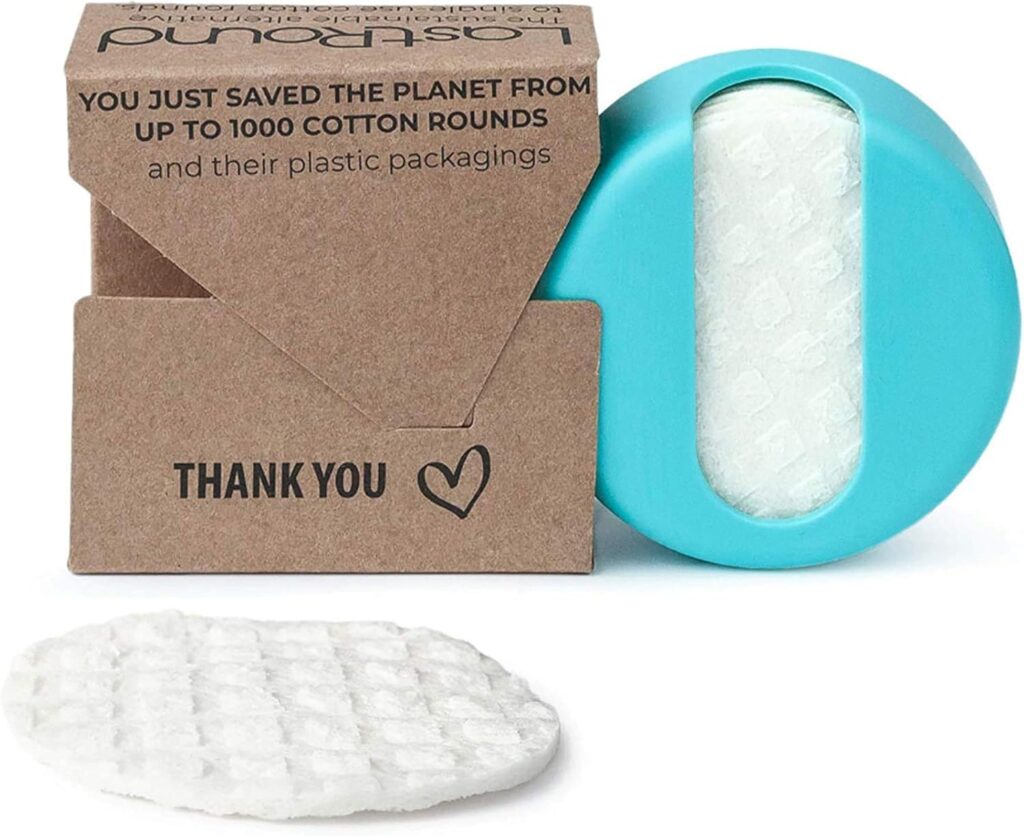 Reusable white cotton pad with turquoise case and eco-friendly cardboard packaging that reads "You just saved the planet from up to 1000 cotton rounds."