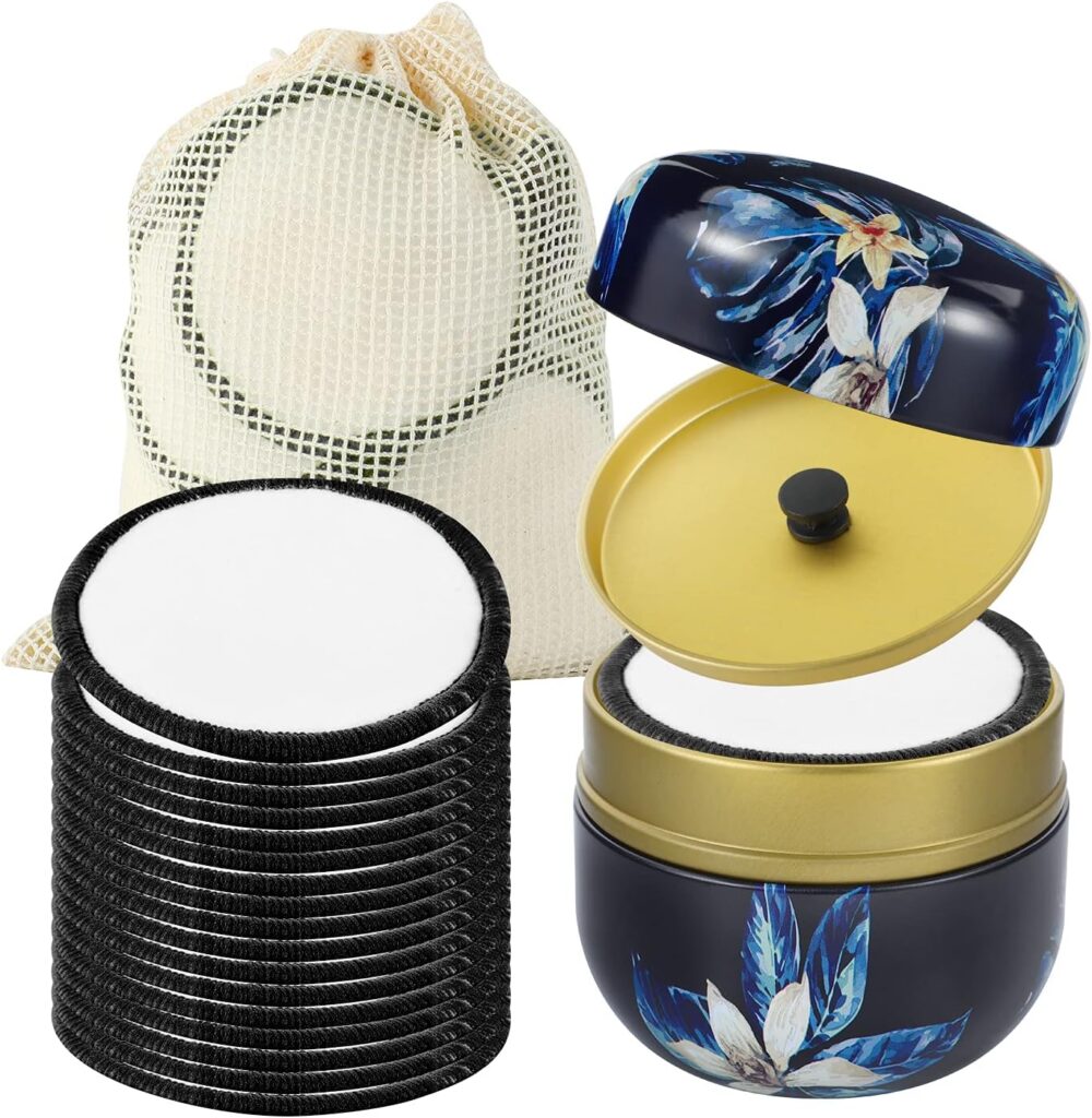 Reusable black and white cotton pads in a decorative floral tin with gold lid and mesh laundry bag.