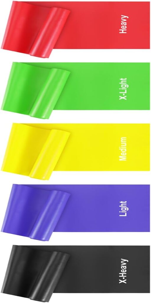 Five QY JINLIDA resistance bands in red, green, yellow, purple, and black, each labelled with its strength level