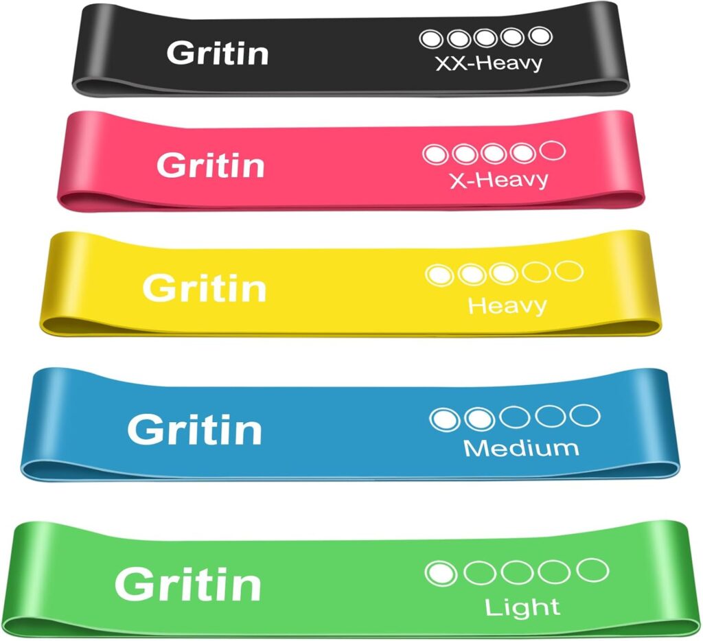 Multicoloured Gritin resistance bands in green, blue, yellow, pink, and black