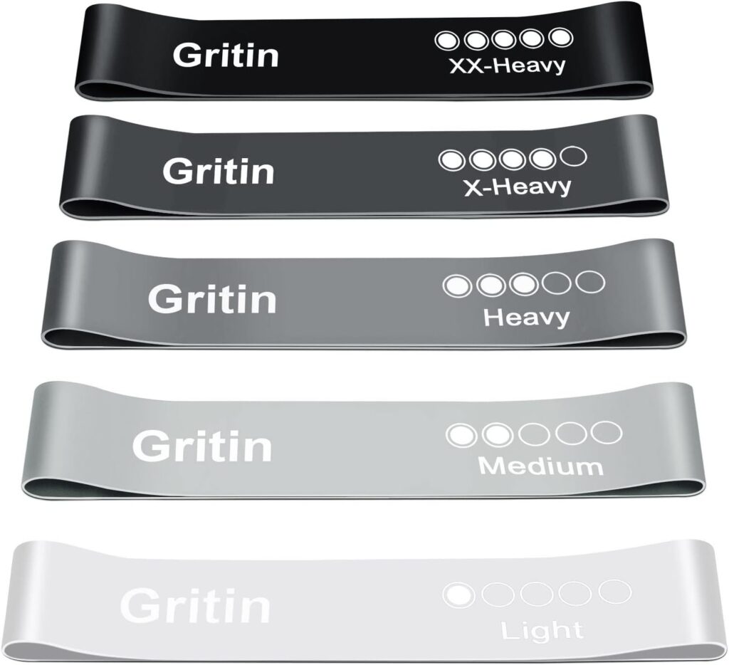 Grey to black Gritin resistance bands shown in descending order of light to heavy