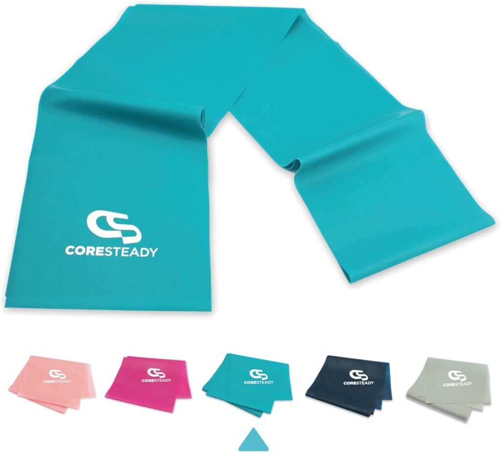 Flat resistance band set by CORESTEADY in five colours, shown with a teal band unrolled