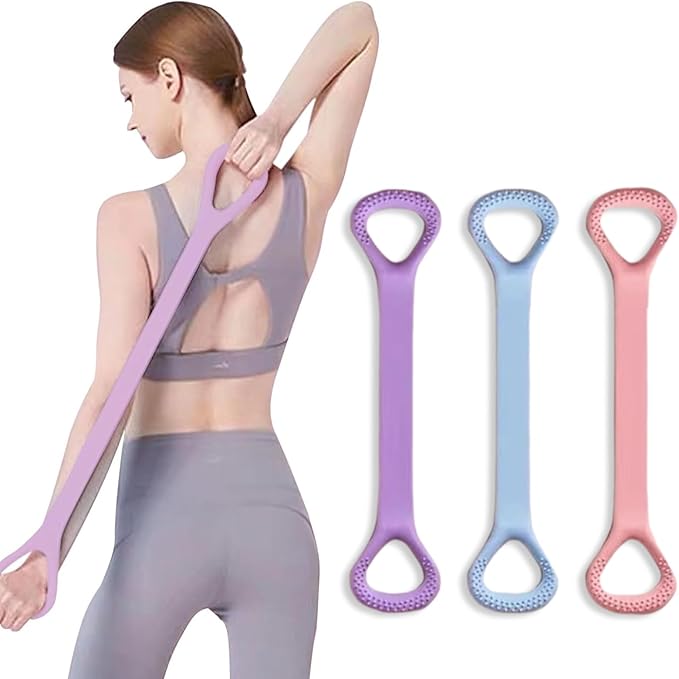 Woman using a purple YCZARD resistance band with loop handles for back and shoulder stretch