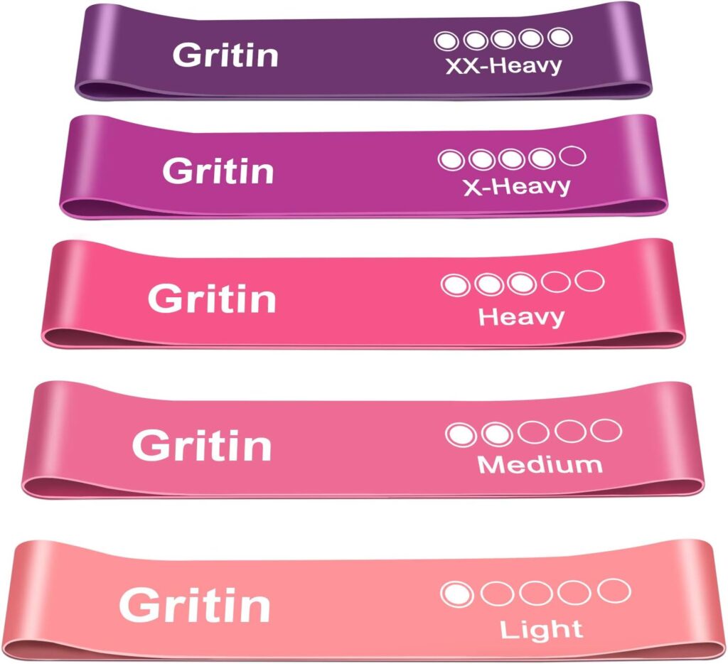 Pink to purple Gritin resistance bands arranged by increasing strength