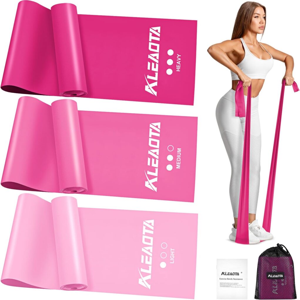 Three pink ALEAOTA long resistance bands labelled light, medium, and heavy, shown with a woman demonstrating upright row exercise