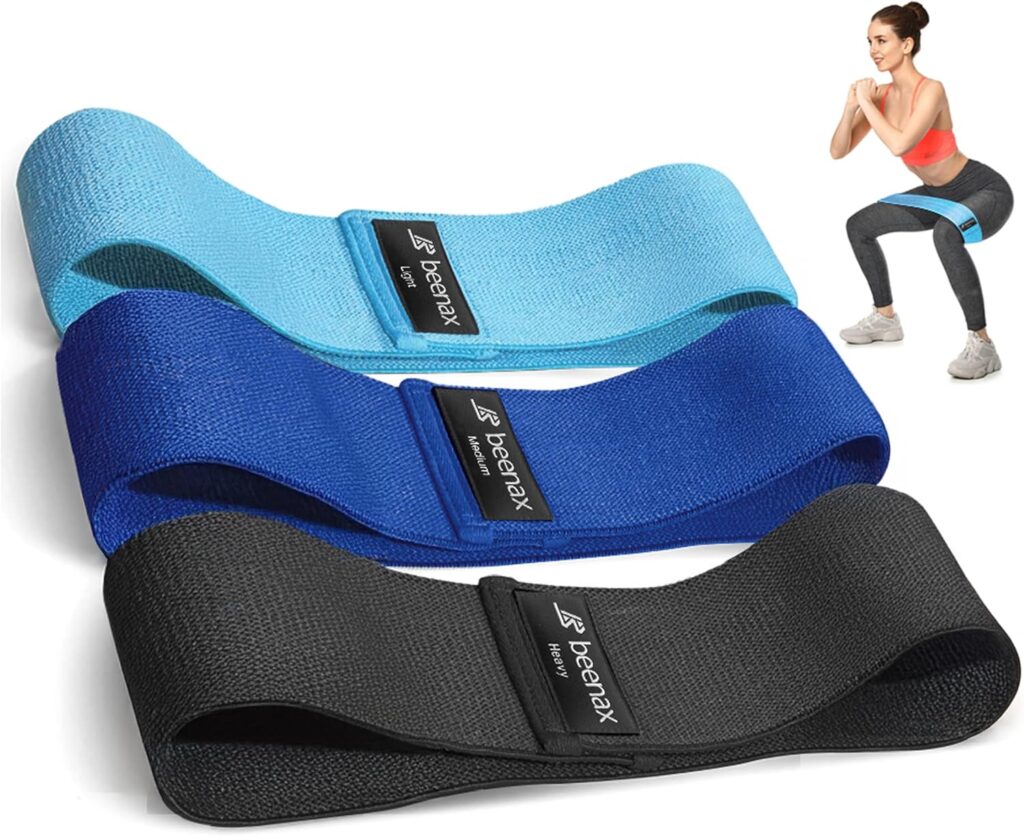 Set of three Beenax resistance bands in light blue, royal blue, and black