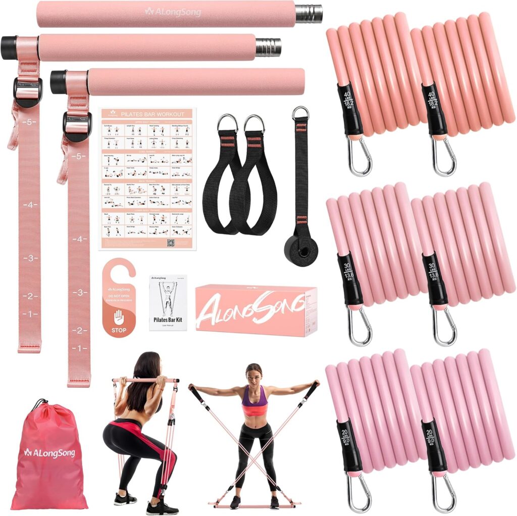 Full pink Pilates reformer bar set with six elastic resistance bands and instructional guide