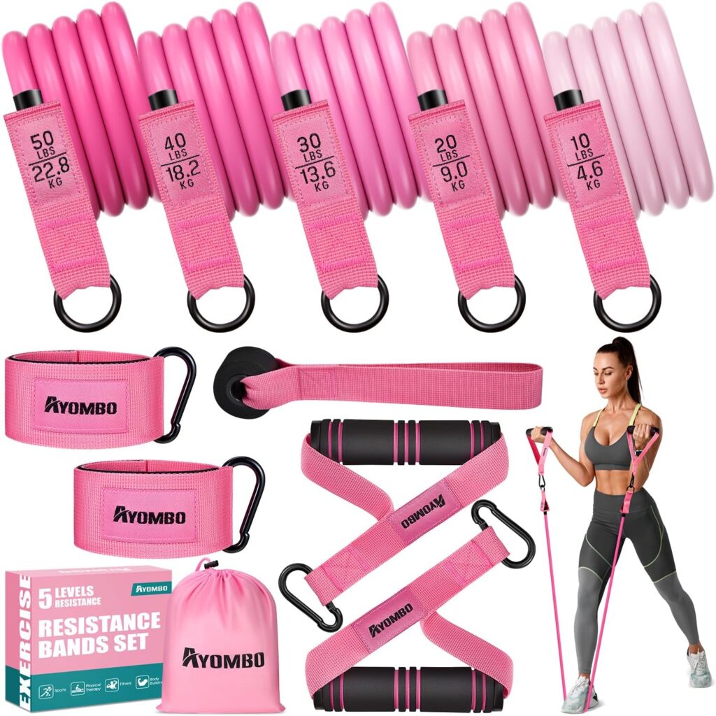 AYOMBO resistance bands with handles in five pink tension levels, shown with full accessories