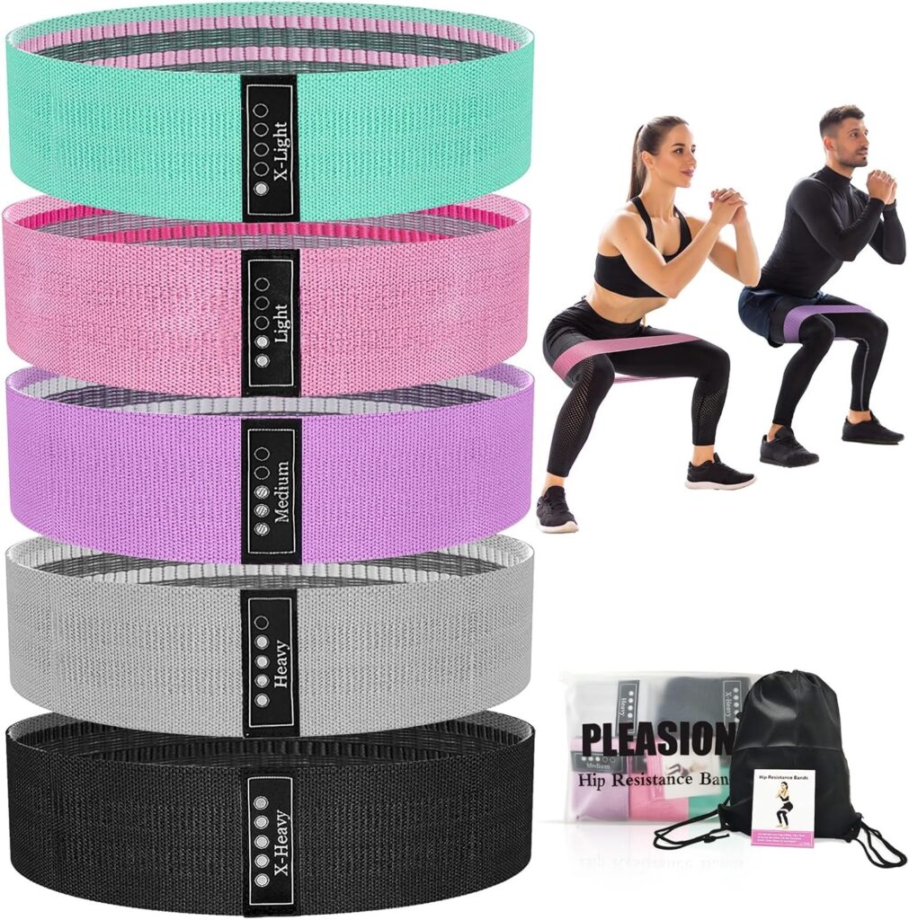 Set of five Pleasion fabric resistance bands in pastel and neutral tones with black label markings