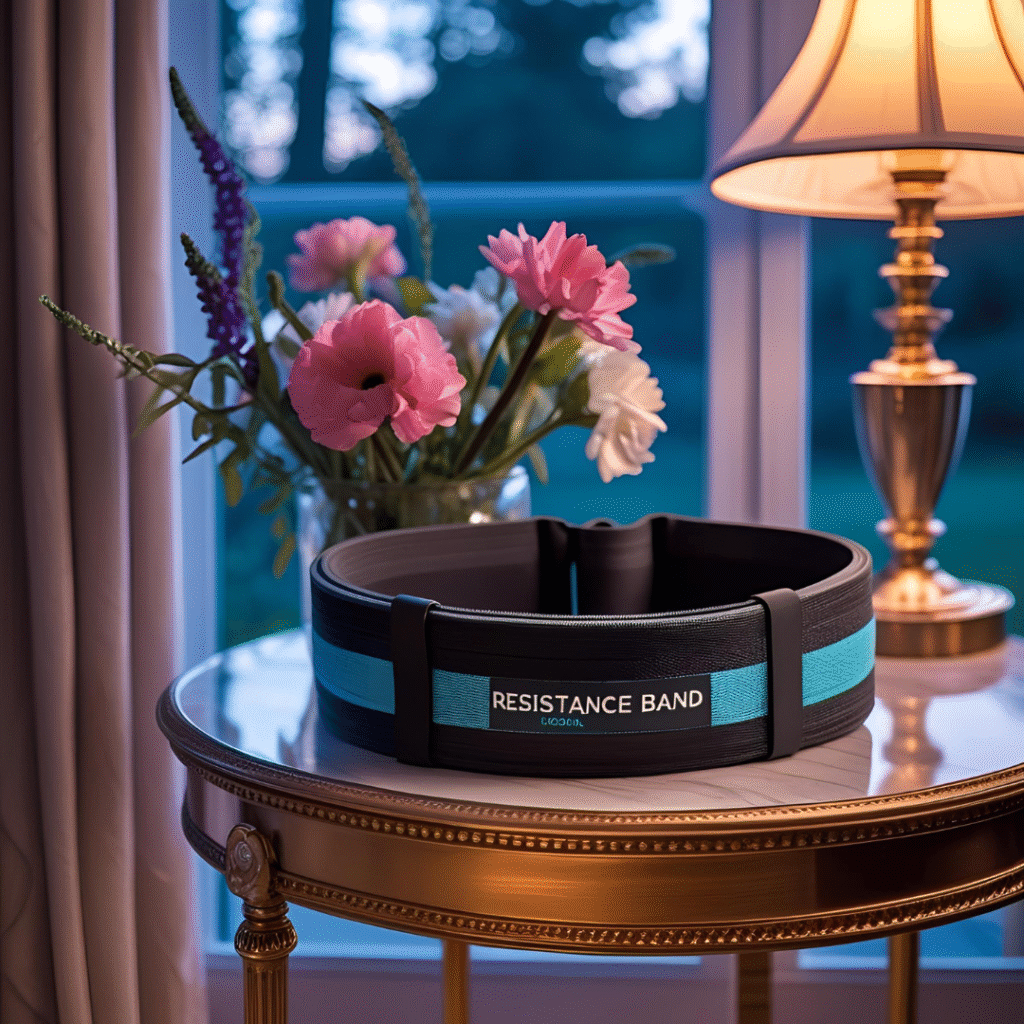 Blue and black resistance band resting on a gold antique bedside table with flowers and lamp