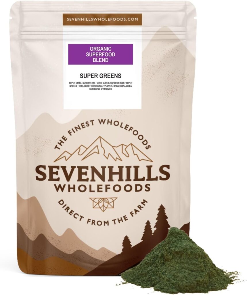 Sevenhills Wholefoods Organic Superfood Blend pouch with green powder spill – super greens supplemen