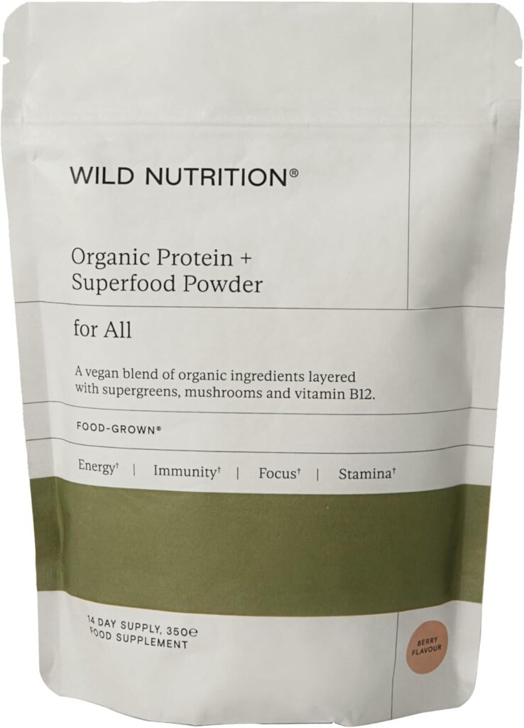 Wild Nutrition Organic Protein + Superfood Powder pouch – vegan blend with supergreens and mushrooms