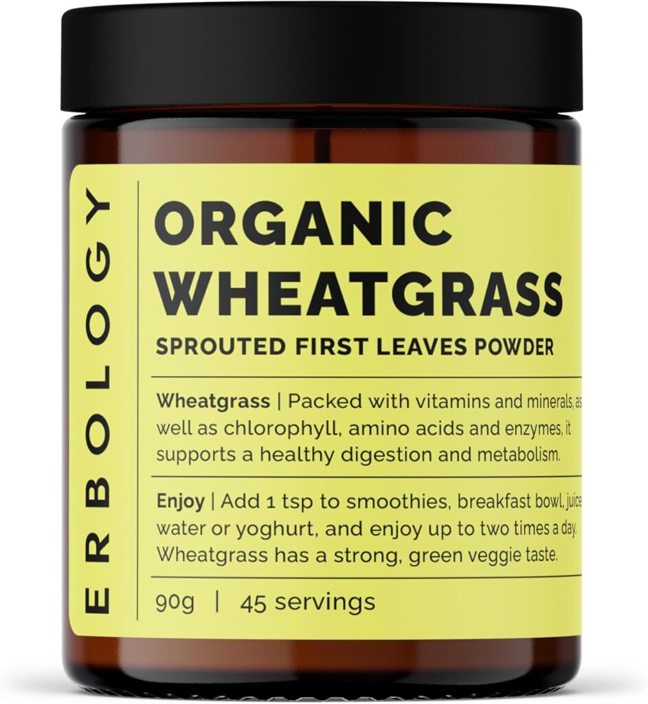 Erbology Organic Wheatgrass Powder in amber jar with yellow label