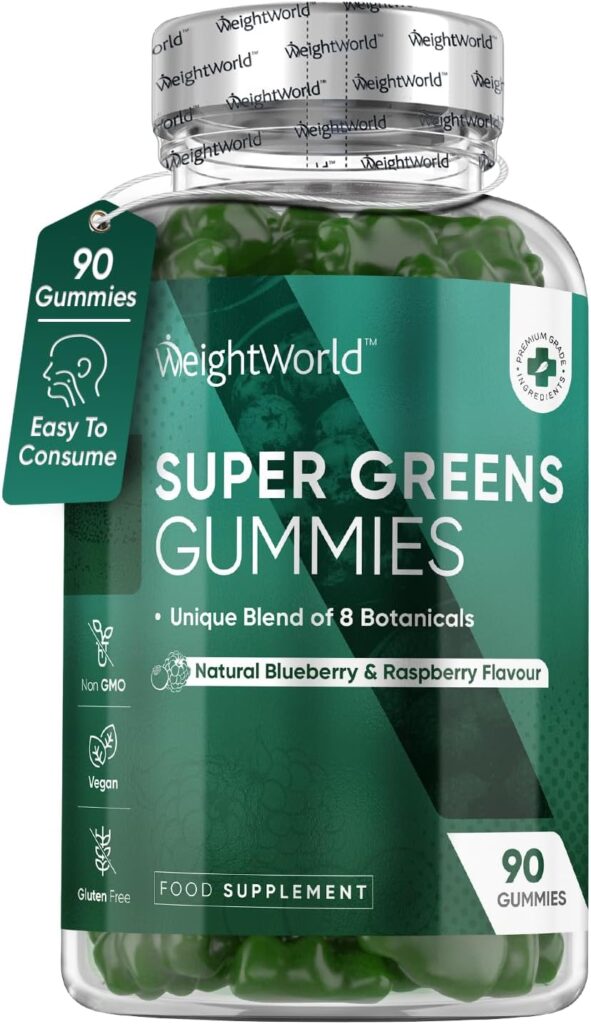 WeightWorld Super Greens Gummies bottle – 90 gummies with natural blueberry and raspberry flavour