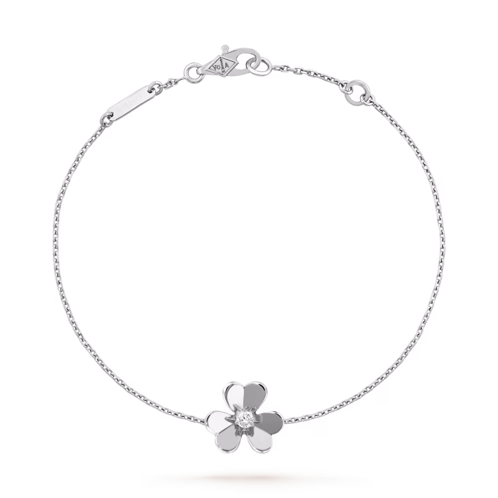 Van Cleef & Arpels Frivole mini bracelet in 18k white gold with a single diamond-set flower.
