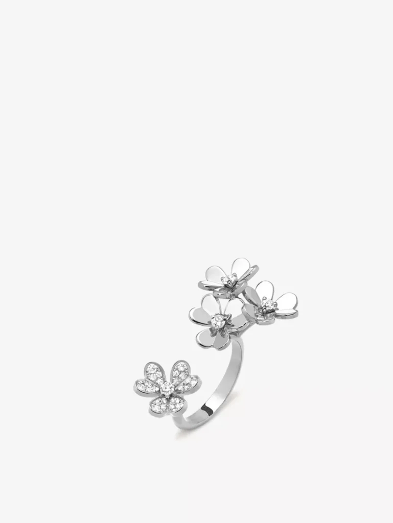 Van Cleef & Arpels Frivole Between the Finger ring in white gold with diamond-paved and mirror-polished floral motifs.